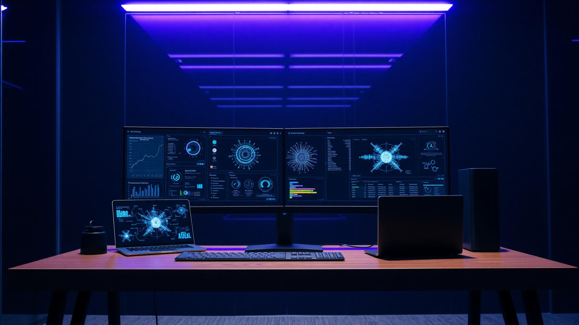 Business workstation setup with AI dashboards on dual monitors, laptop and desktop tower